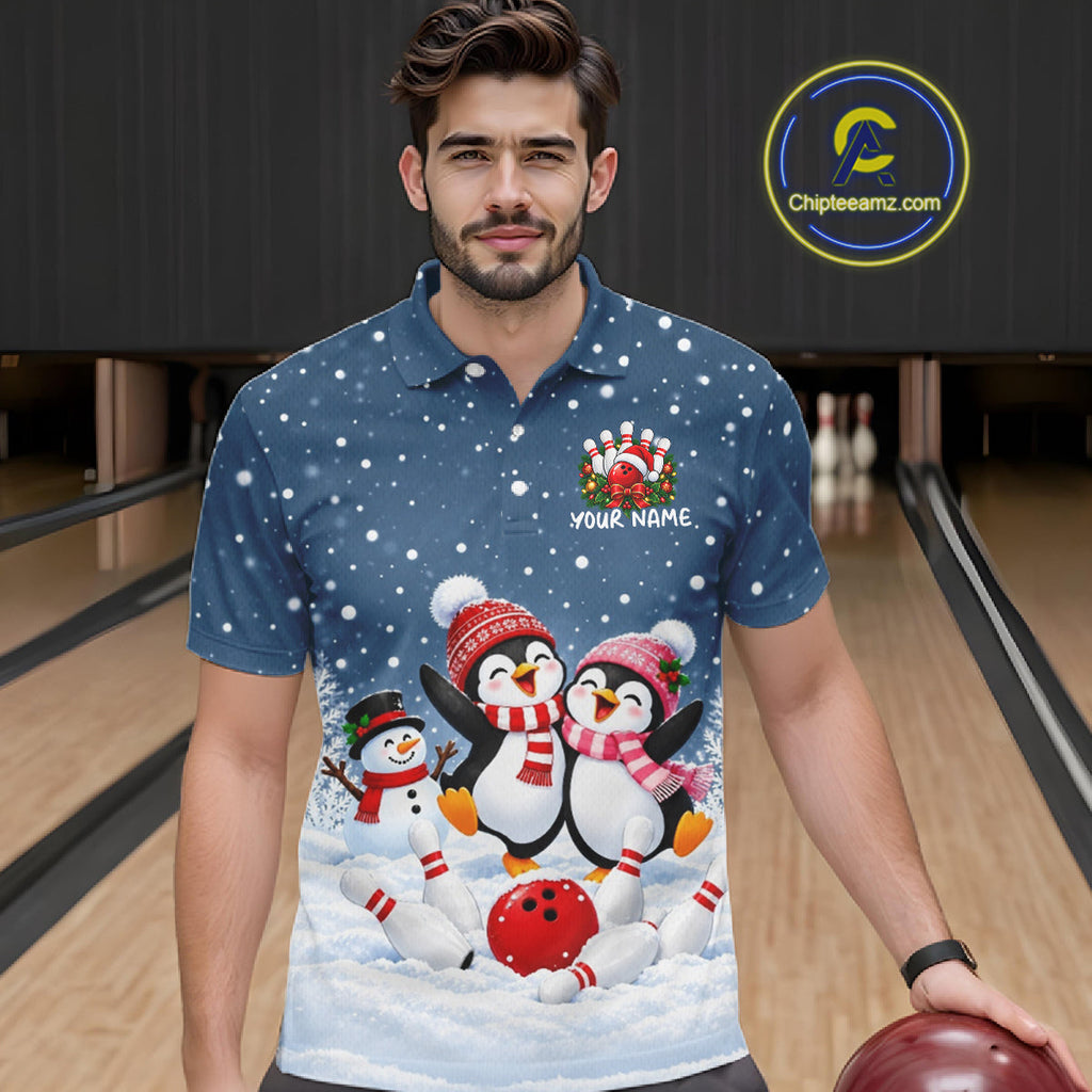 Blue-Grey Funny Penguins Christmas Bowling Shirts Custom Bowling Team Jersey, Bowling Gift