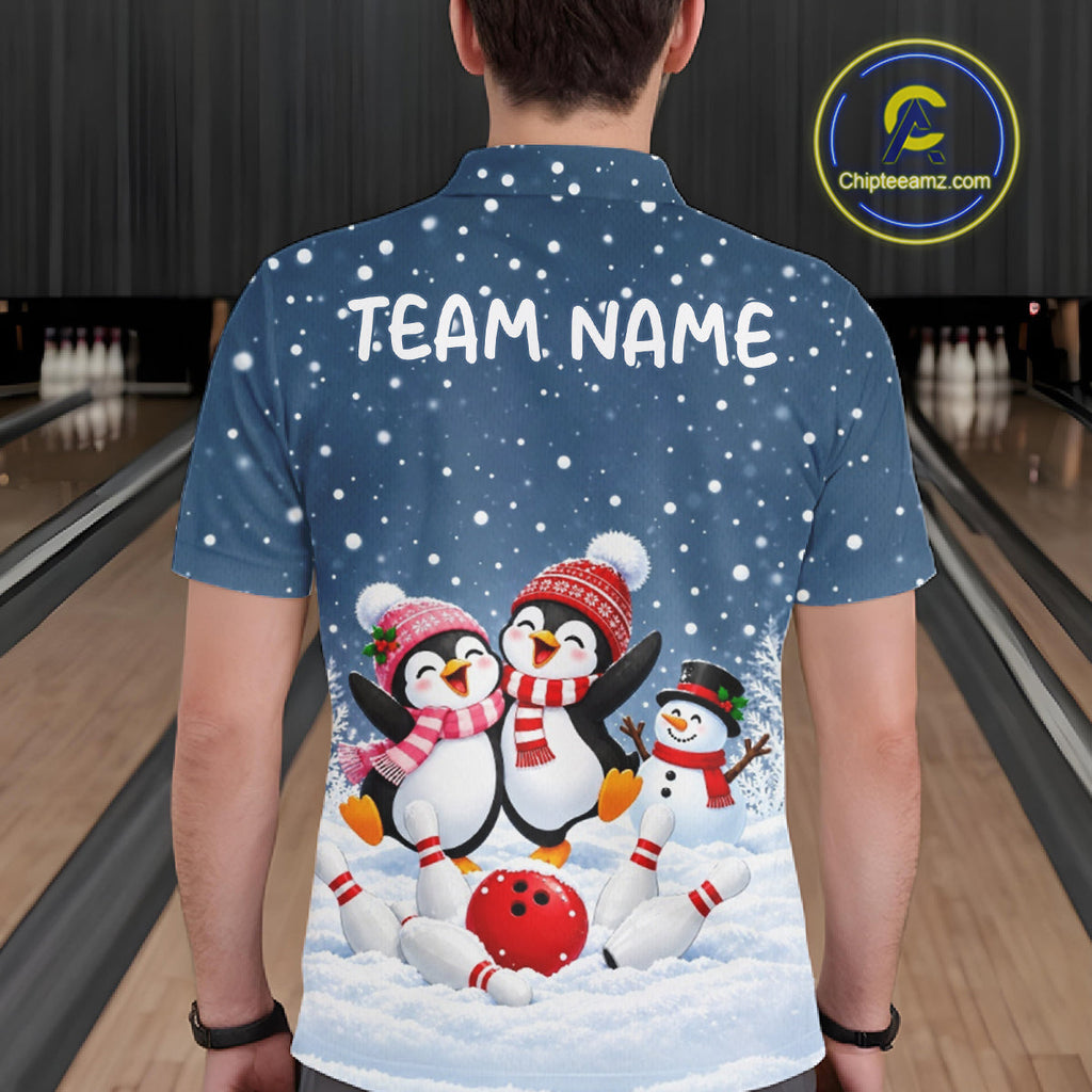 Blue-Grey Funny Penguins Christmas Bowling Shirts Custom Bowling Team Jersey, Bowling Gift