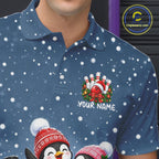 Blue-Grey Funny Penguins Christmas Bowling Shirts Custom Bowling Team Jersey, Bowling Gift