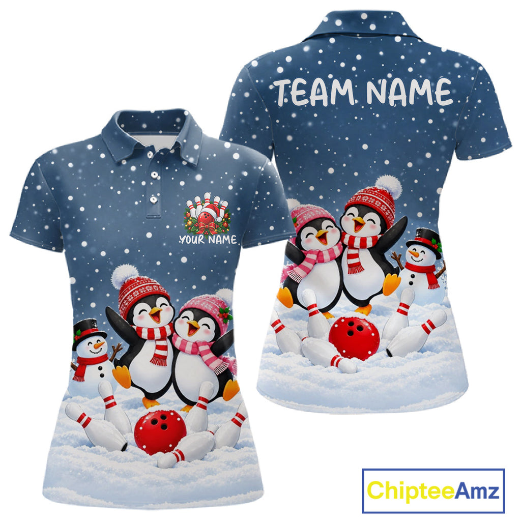 Blue-Grey Funny Penguins Christmas Bowling Shirts Custom Bowling Team Jersey, Bowling Gift