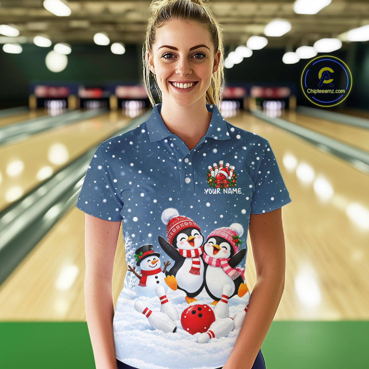 Blue-Grey Funny Penguins Christmas Bowling Shirts Custom Bowling Team Jersey, Bowling Gift