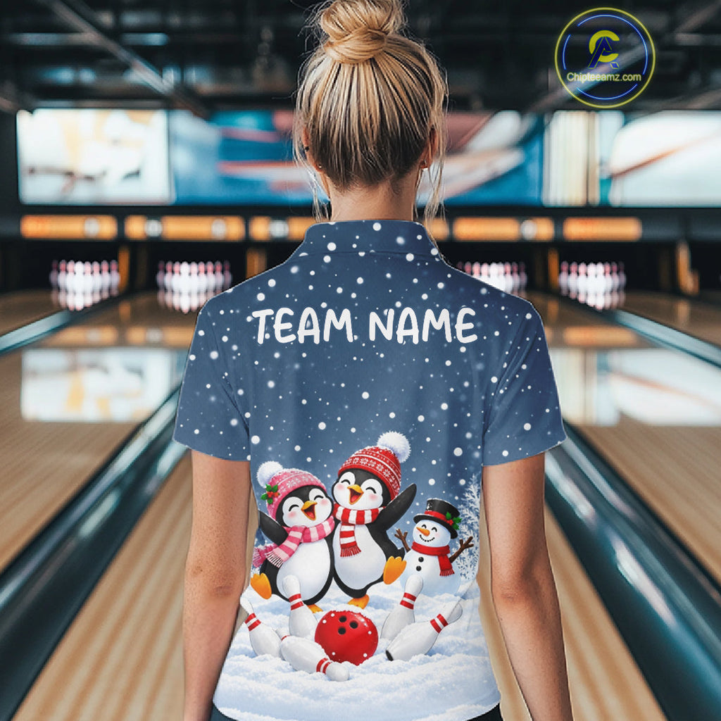 Blue-Grey Funny Penguins Christmas Bowling Shirts Custom Bowling Team Jersey, Bowling Gift