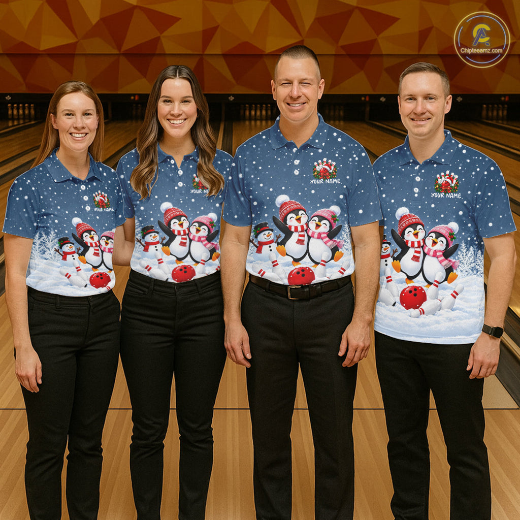 Blue-Grey Funny Penguins Christmas Bowling Shirts Custom Bowling Team Jersey, Bowling Gift