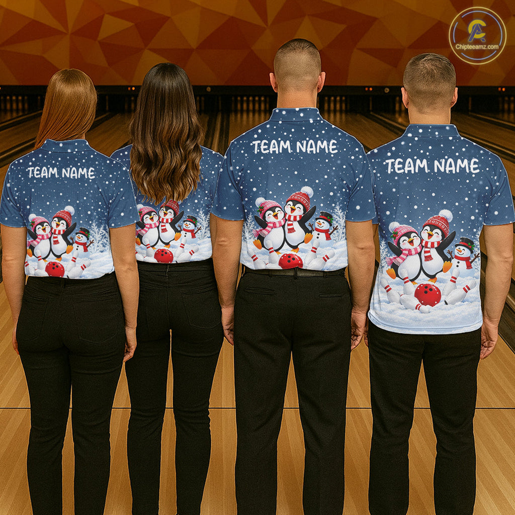 Blue-Grey Funny Penguins Christmas Bowling Shirts Custom Bowling Team Jersey, Bowling Gift