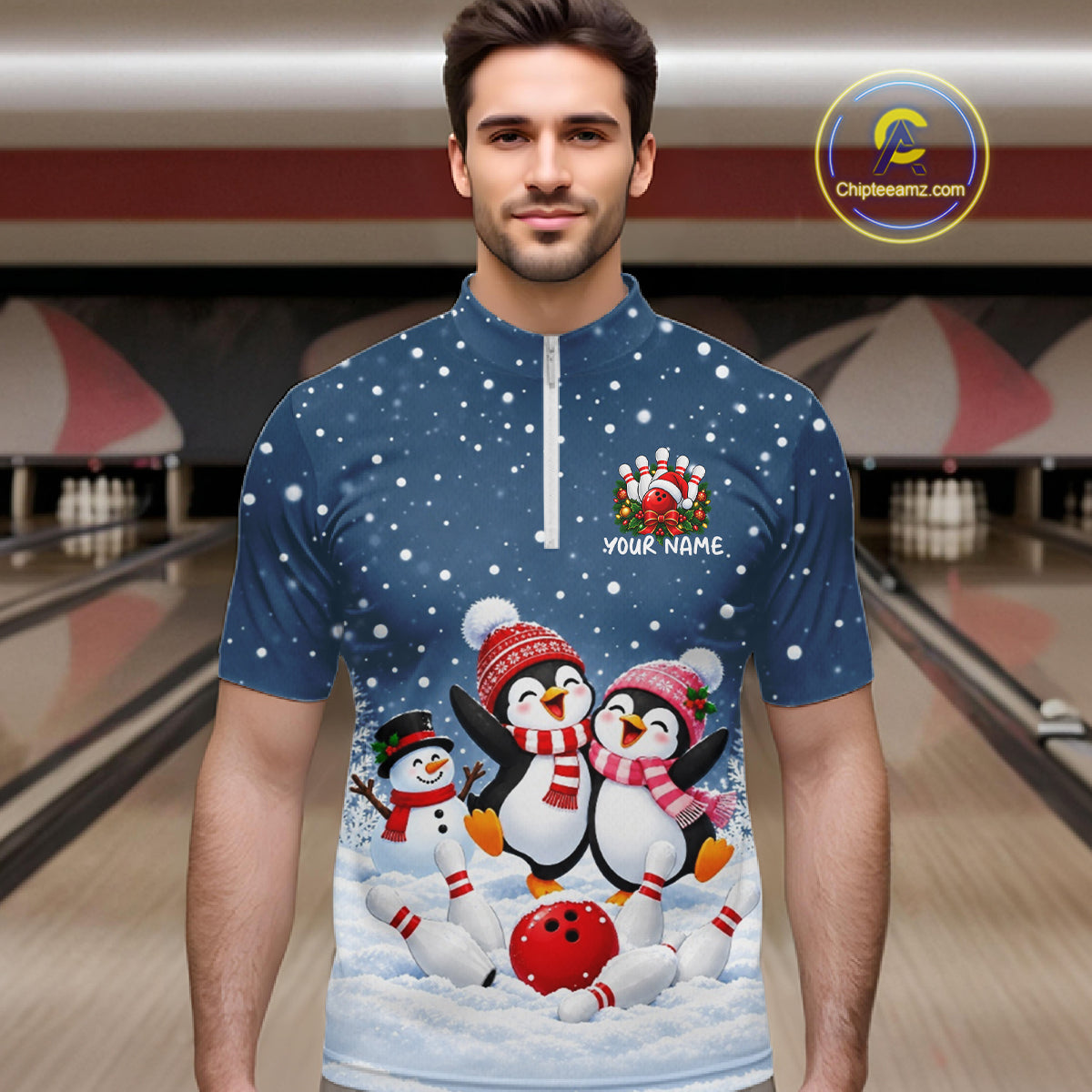 Blue-Grey Funny Penguins Christmas Bowling Shirts Custom Bowling Team Jersey, Bowling Gift
