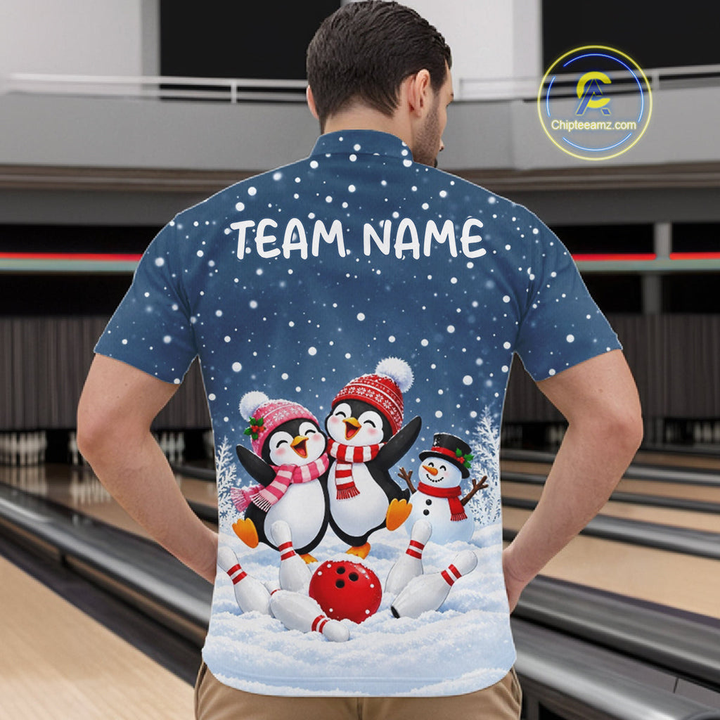 Blue-Grey Funny Penguins Christmas Bowling Shirts Custom Bowling Team Jersey, Bowling Gift