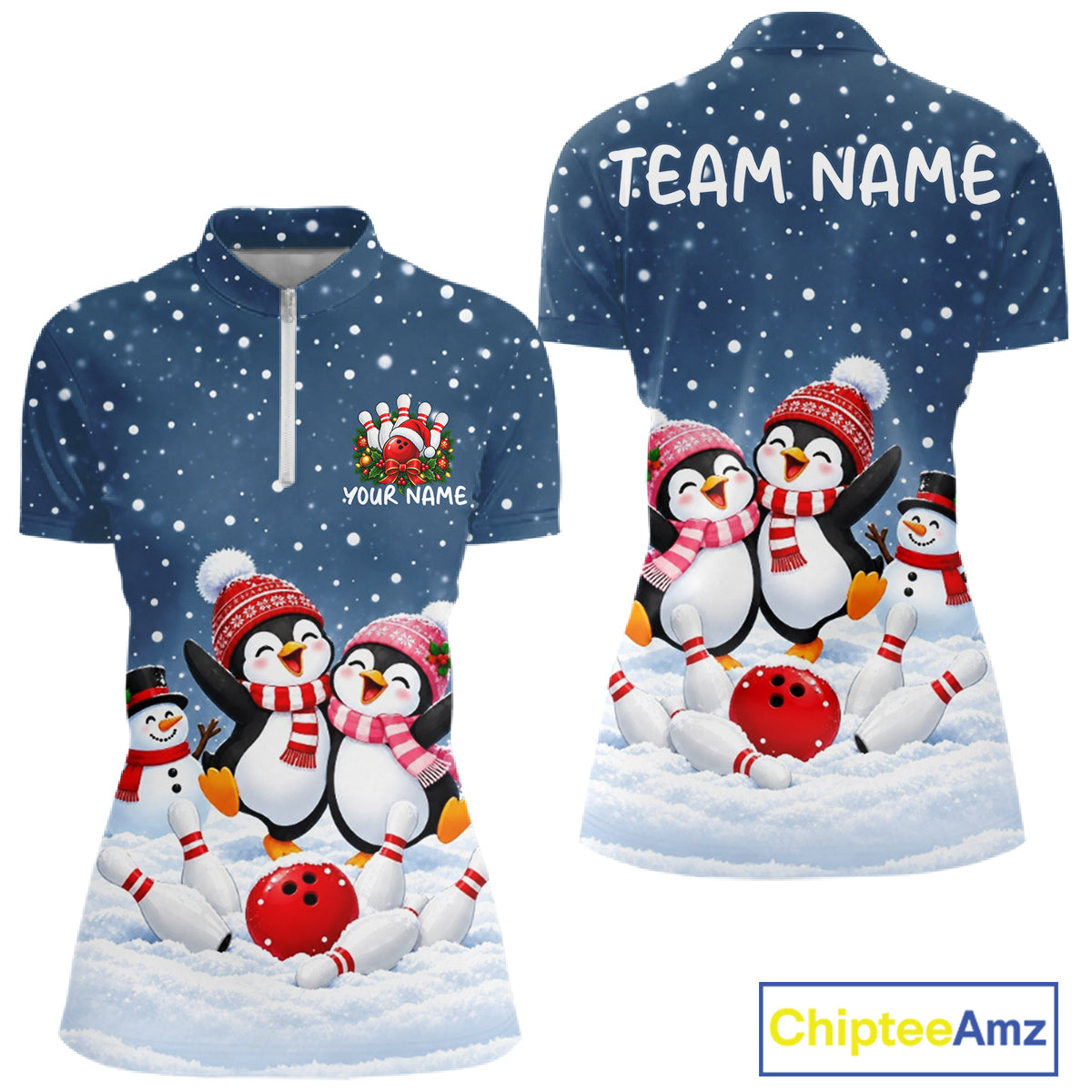 Blue-Grey Funny Penguins Christmas Bowling Shirts Custom Bowling Team Jersey, Bowling Gift