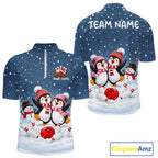 Blue-Grey Funny Penguins Christmas Bowling Shirts Custom Bowling Team Jersey, Bowling Gift