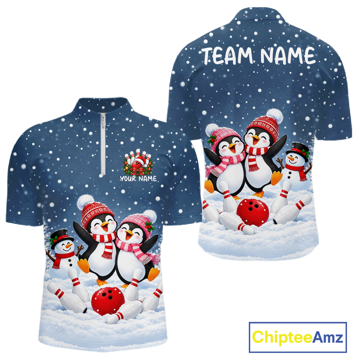 Blue-Grey Funny Penguins Christmas Bowling Shirts Custom Bowling Team Jersey, Bowling Gift