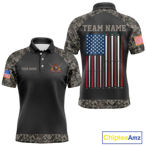 Personalized Retro Camo US Flag Billiard Shirt, 8 Ball Pool Team Jersey Polo & 1/4 Zip