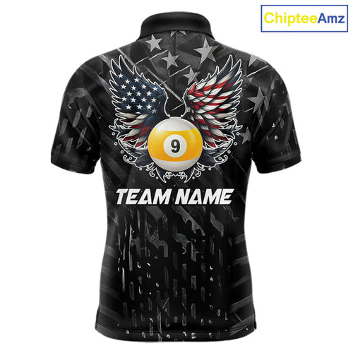 Black US Flag 9 Ball Pool Wings Billiard Shirt Custom Billiard Team Jersey Polo & 1/4 Zip