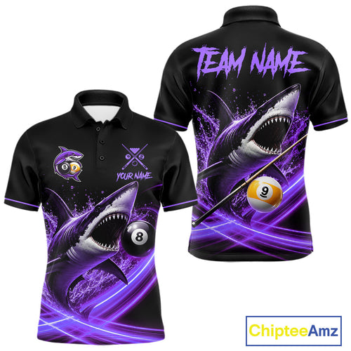 Black And Purple 8 Ball & 9 Ball Shark Billiard League Shirts Custom Pool Team Jersey