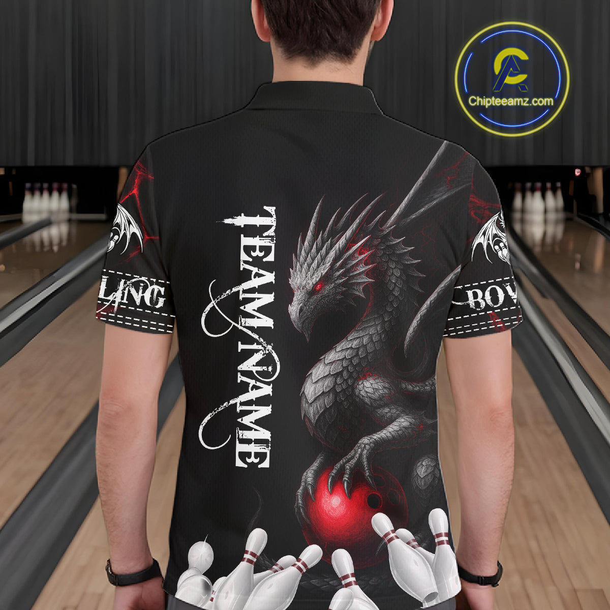 Black And Red Custom Dragon Bowling Polo, 1/4 Zip Shirt, Bowling Team League Jersey
