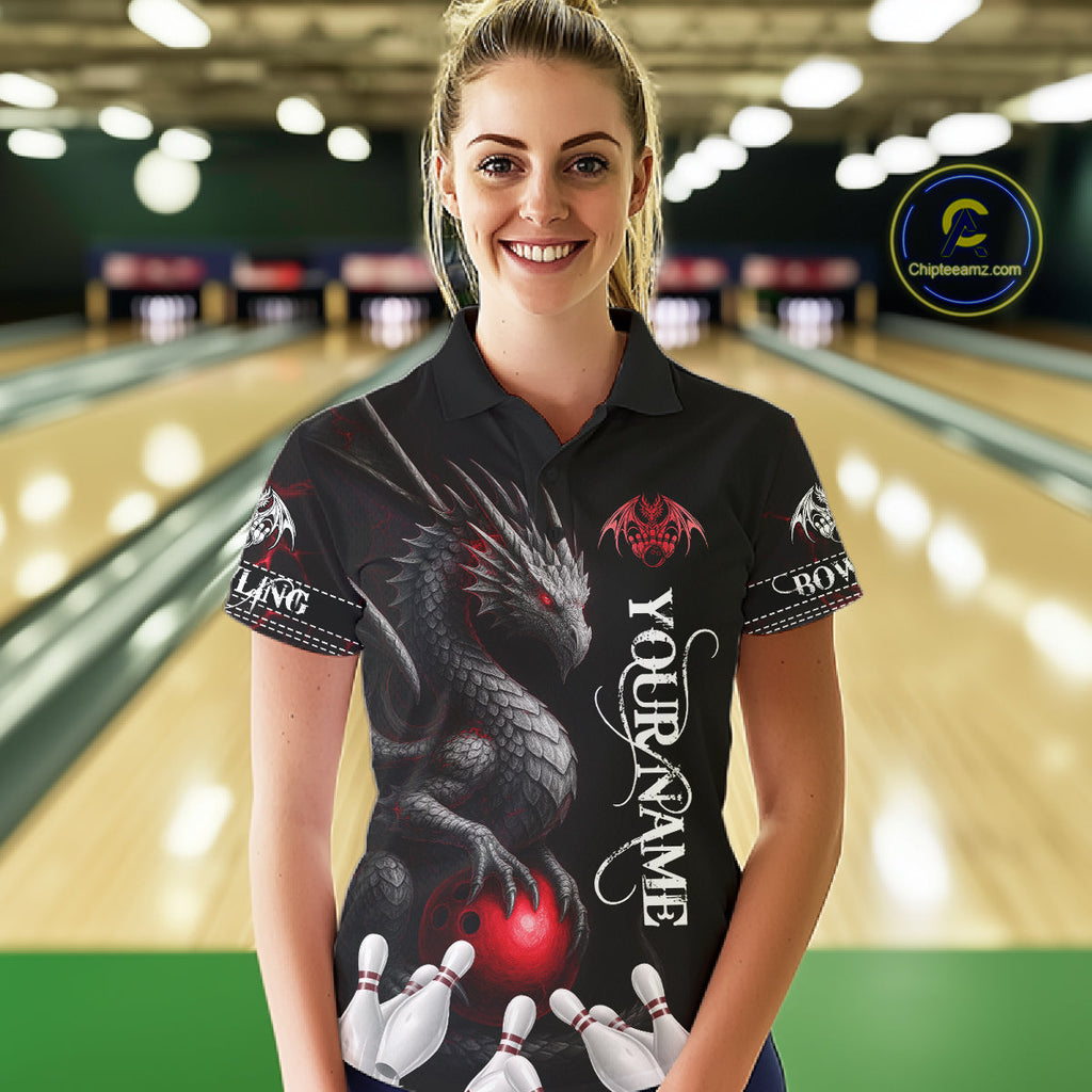 Black And Red Custom Dragon Bowling Polo, 1/4 Zip Shirt, Bowling Team League Jersey