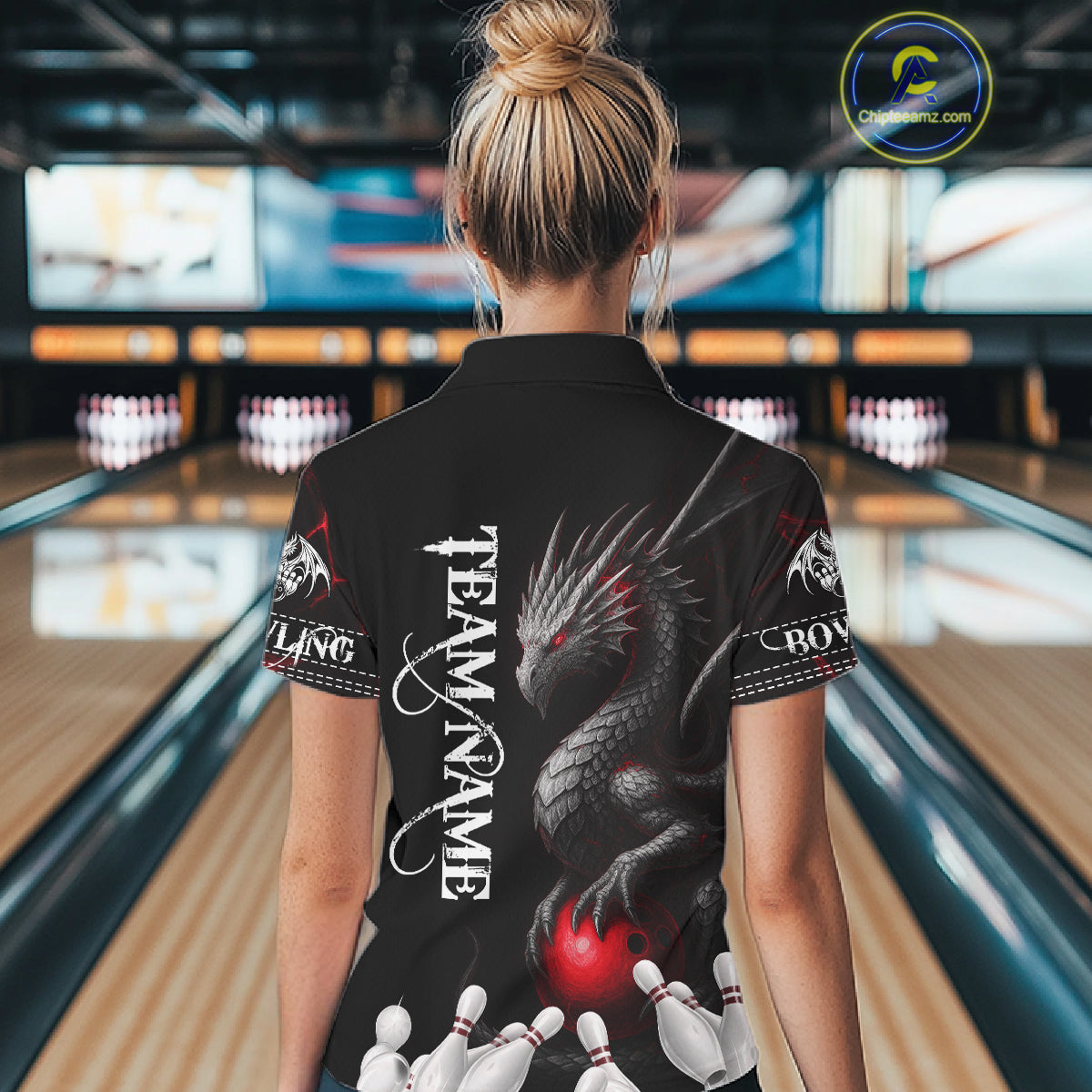 Black And Red Custom Dragon Bowling Polo, 1/4 Zip Shirt, Bowling Team League Jersey