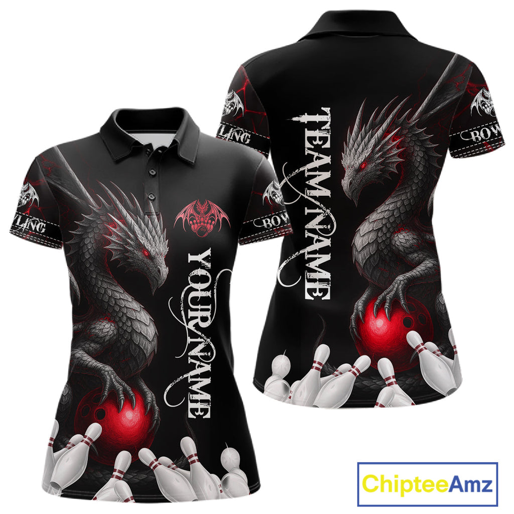 Black And Red Custom Dragon Bowling Polo, 1/4 Zip Shirt, Bowling Team League Jersey
