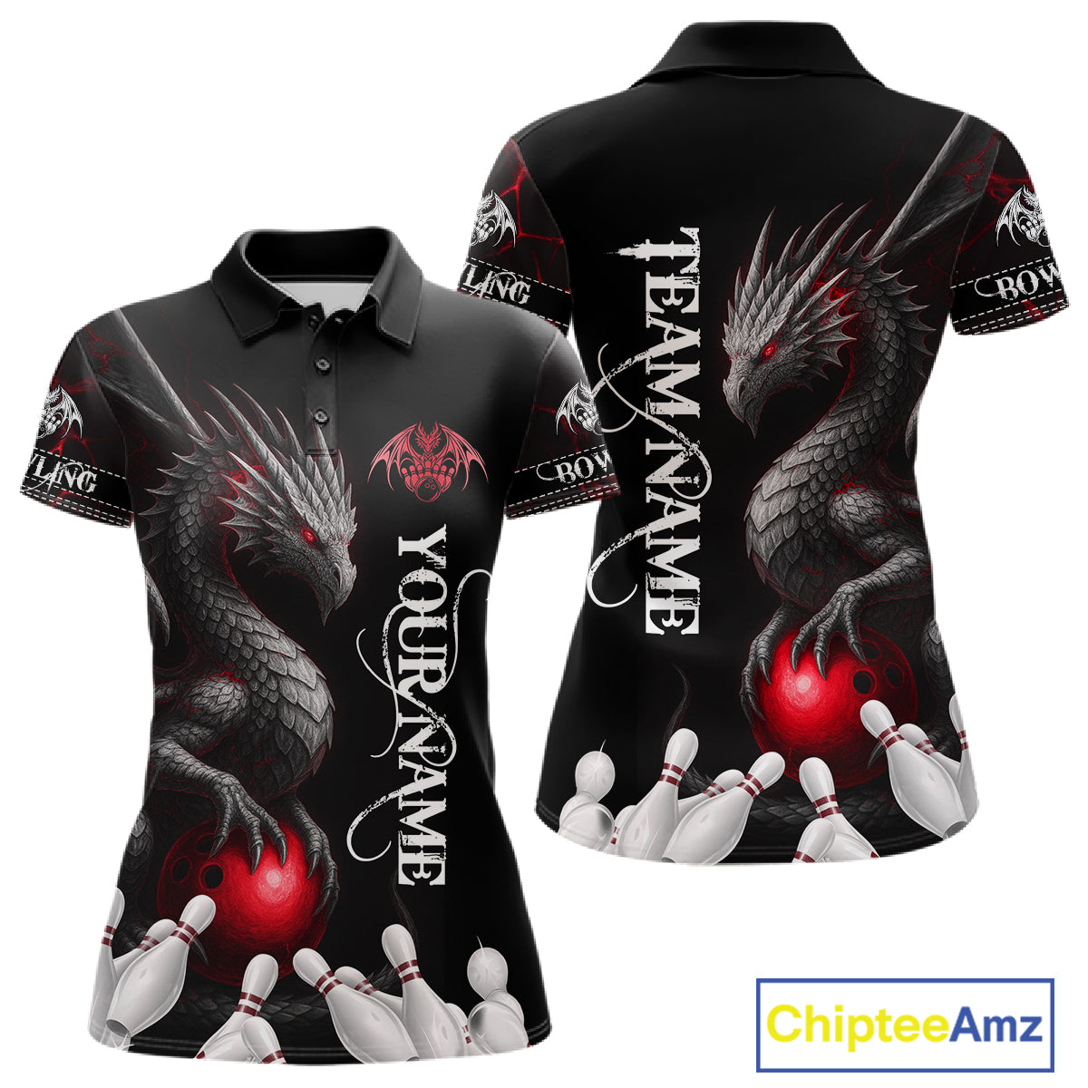 Black And Red Custom Dragon Bowling Polo, 1/4 Zip Shirt, Bowling Team League Jersey