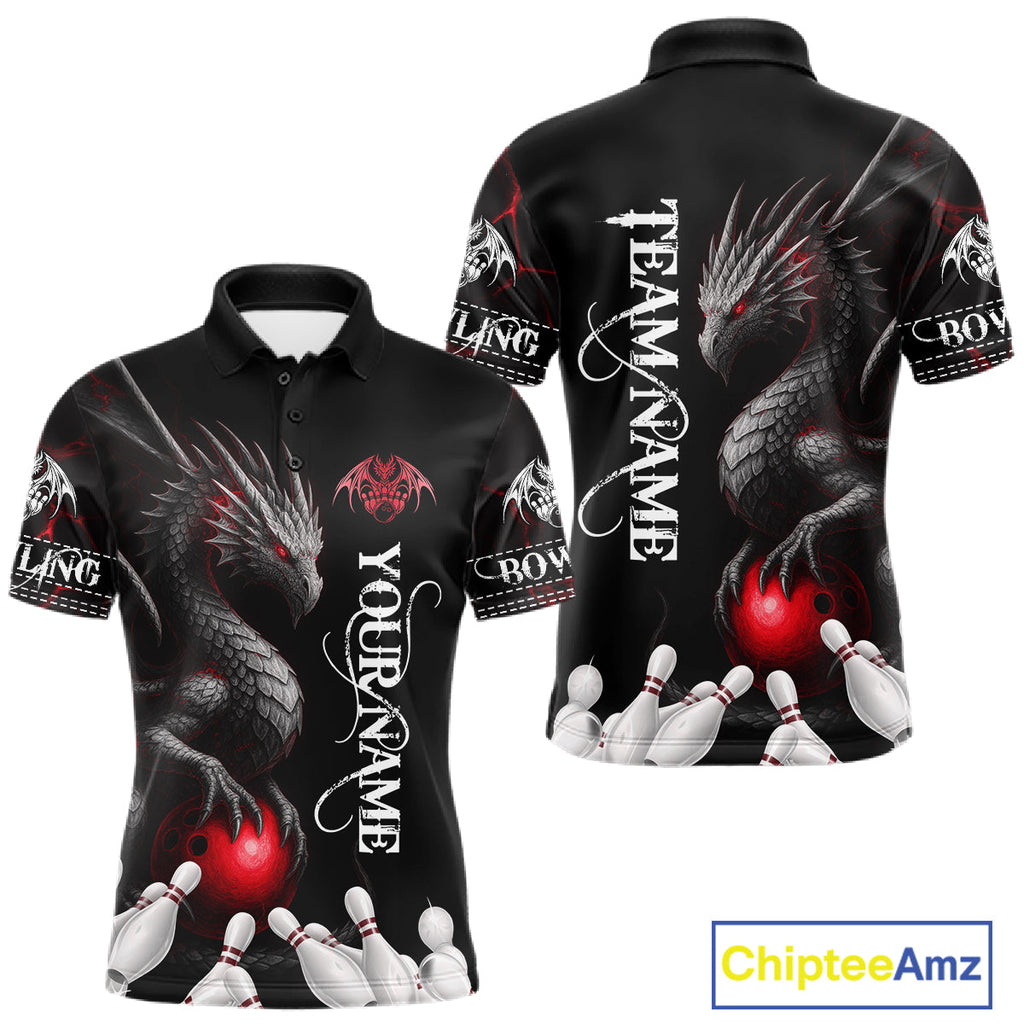 Black And Red Custom Dragon Bowling Polo, 1/4 Zip Shirt, Bowling Team League Jersey
