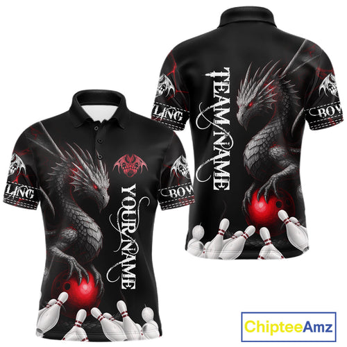 Black And Red Custom Dragon Bowling Polo, 1/4 Zip Shirt, Bowling Team League Jersey