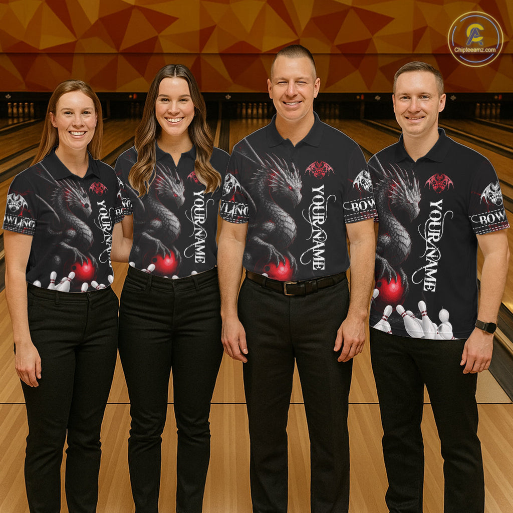 Black And Red Custom Dragon Bowling Polo, 1/4 Zip Shirt, Bowling Team League Jersey
