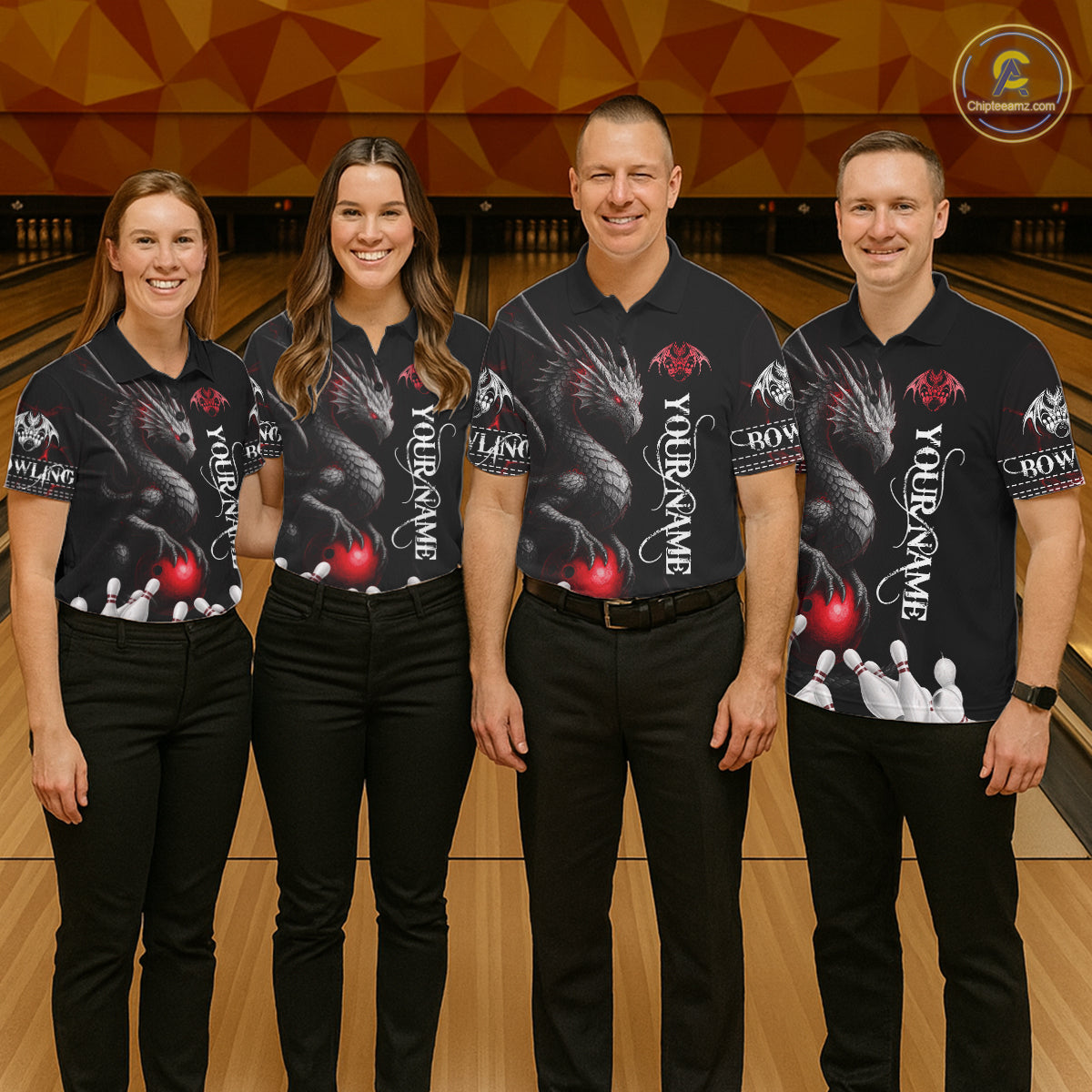 Black And Red Custom Dragon Bowling Polo, 1/4 Zip Shirt, Bowling Team League Jersey
