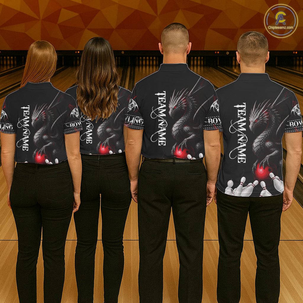 Black And Red Custom Dragon Bowling Polo, 1/4 Zip Shirt, Bowling Team League Jersey