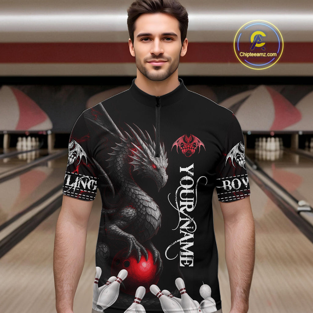 Black And Red Custom Dragon Bowling Polo, 1/4 Zip Shirt, Bowling Team League Jersey