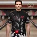 Black And Red Custom Dragon Bowling Polo, 1/4 Zip Shirt, Bowling Team League Jersey