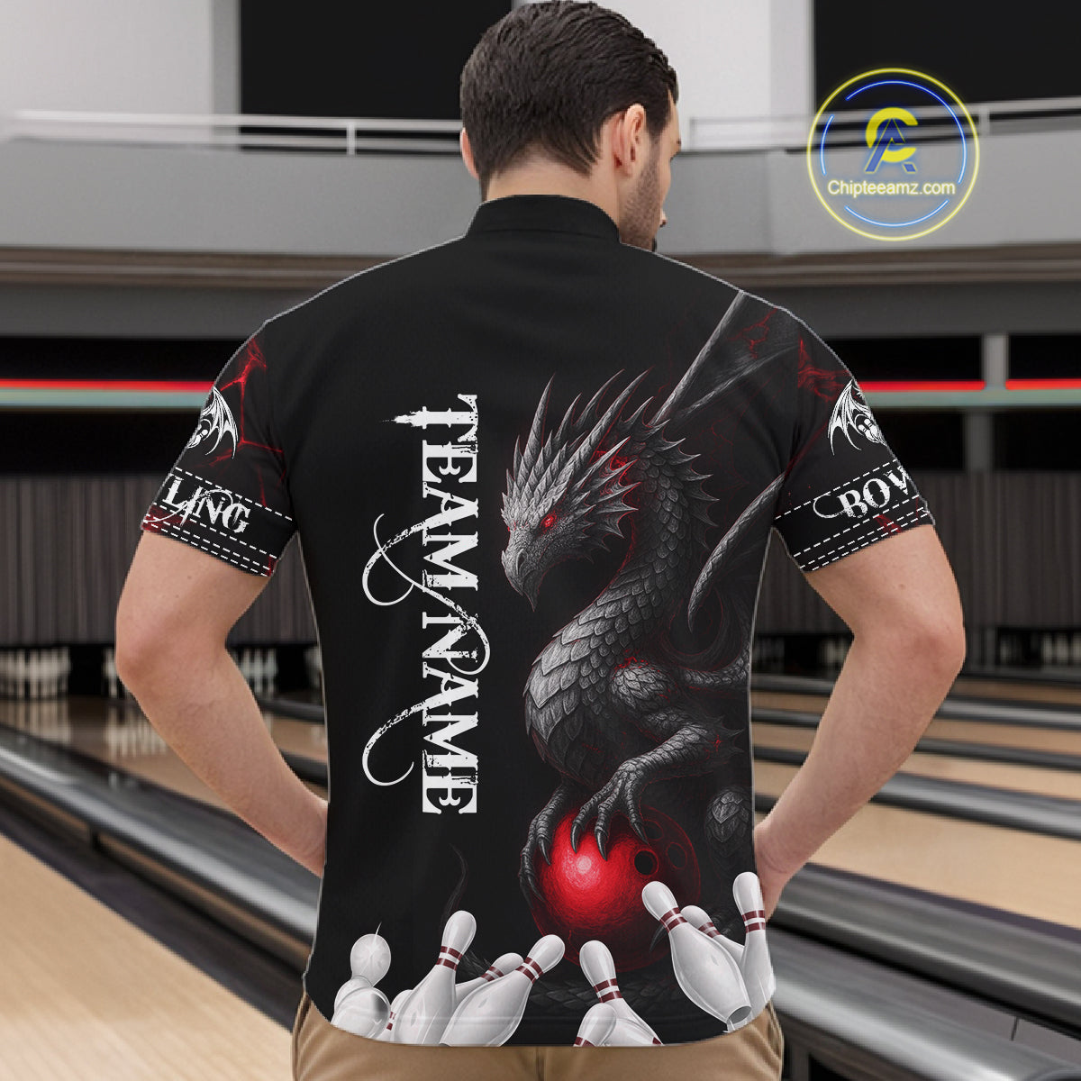 Black And Red Custom Dragon Bowling Polo, 1/4 Zip Shirt, Bowling Team League Jersey