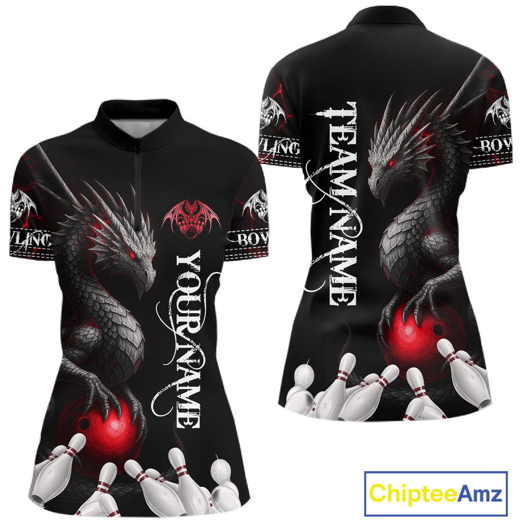Black And Red Custom Dragon Bowling Polo, 1/4 Zip Shirt, Bowling Team League Jersey