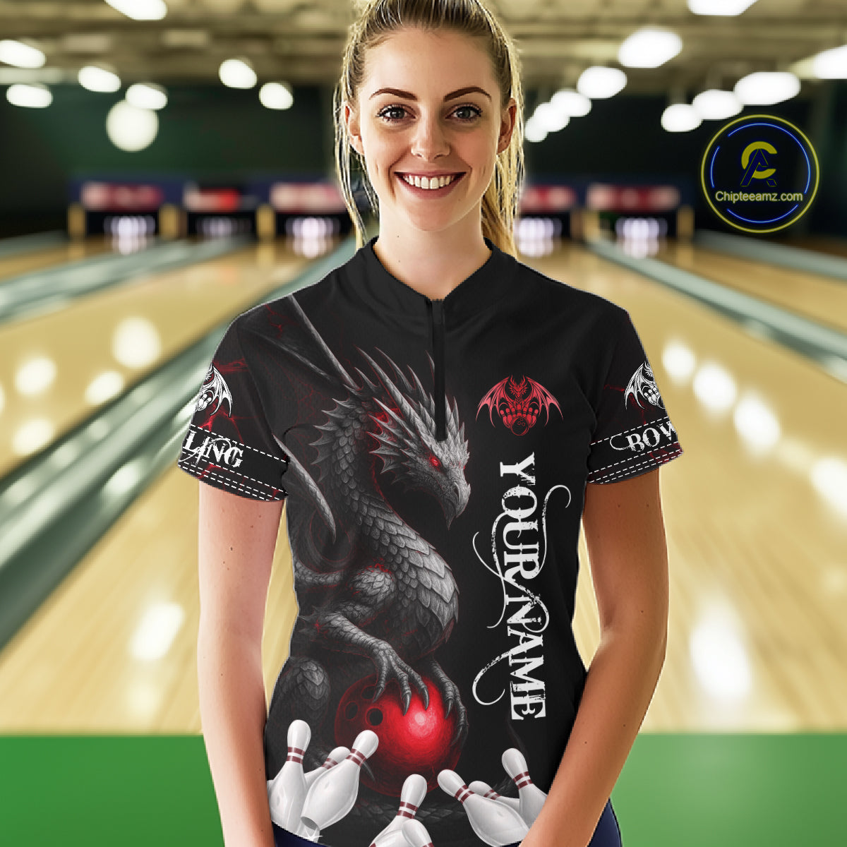 Black And Red Custom Dragon Bowling Polo, 1/4 Zip Shirt, Bowling Team League Jersey