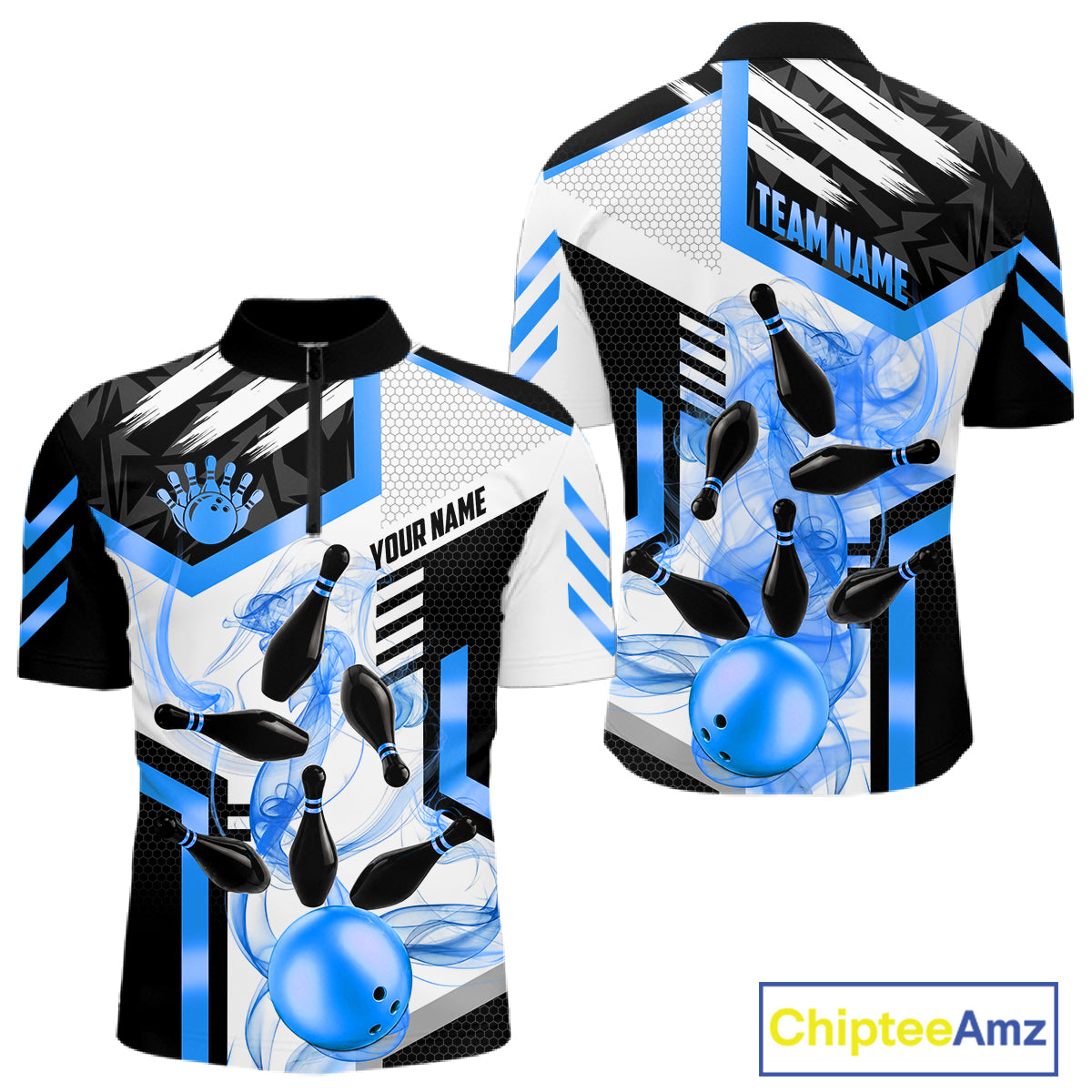 Custom Smoke Bowling Pins Polo & Quarter Zip Shirt, Bowling League Team Jersey
