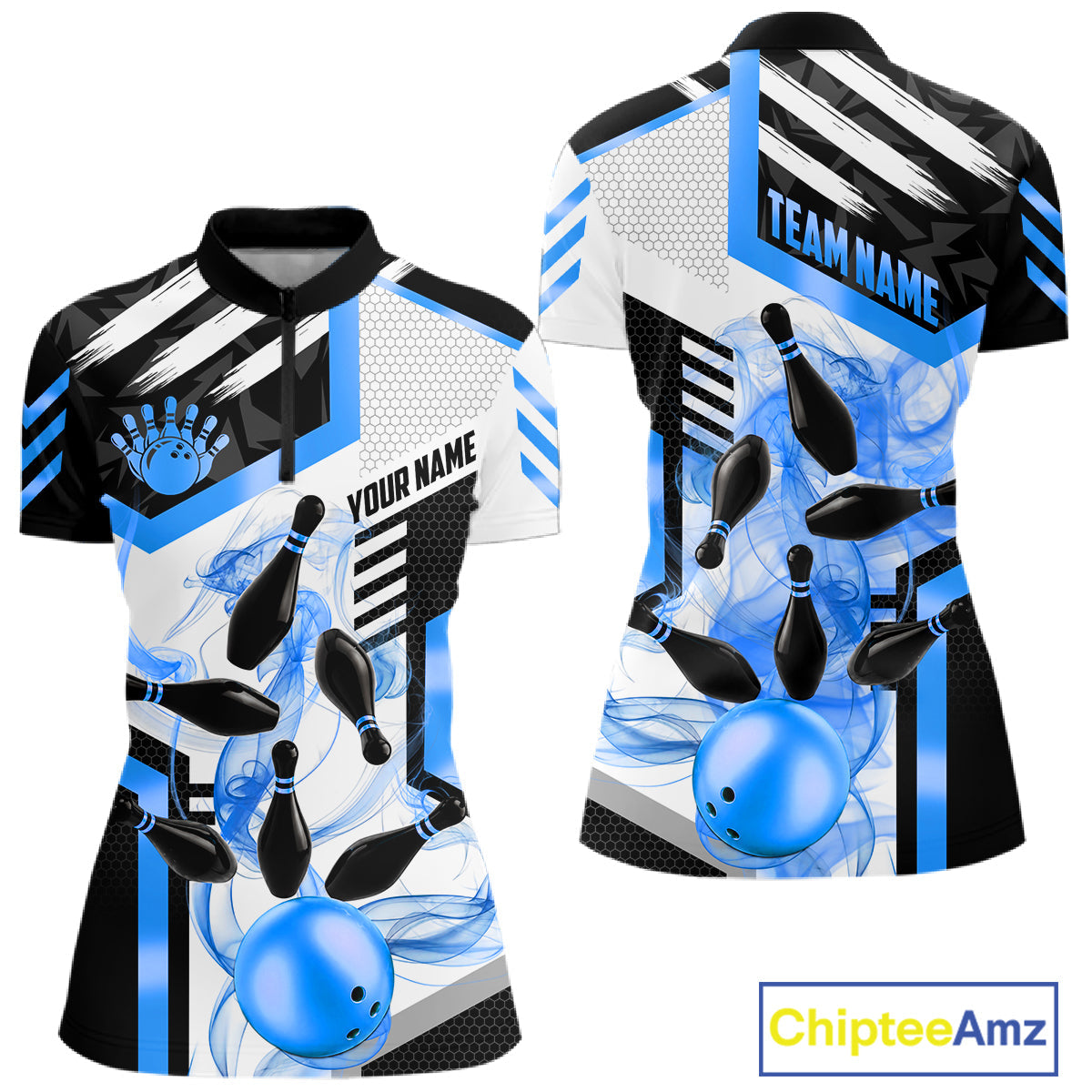 Custom Smoke Bowling Pins Polo & Quarter Zip Shirt, Bowling League Team Jersey