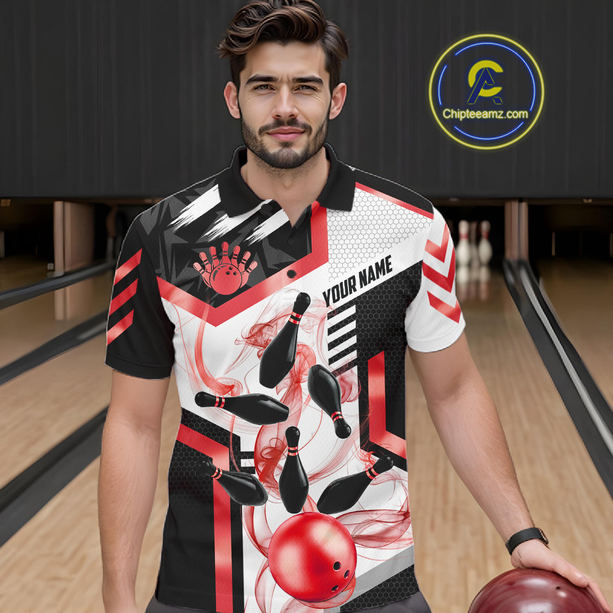 Custom Smoke Bowling Pins Polo & Quarter Zip Shirt, Bowling League Team Jersey