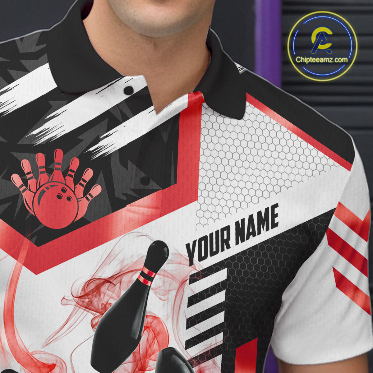 Custom Smoke Bowling Pins Polo & Quarter Zip Shirt, Bowling League Team Jersey