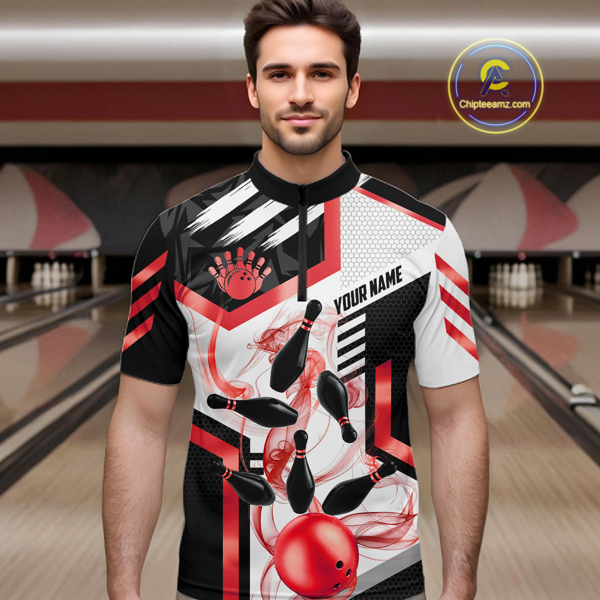 Custom Smoke Bowling Pins Polo & Quarter Zip Shirt, Bowling League Team Jersey