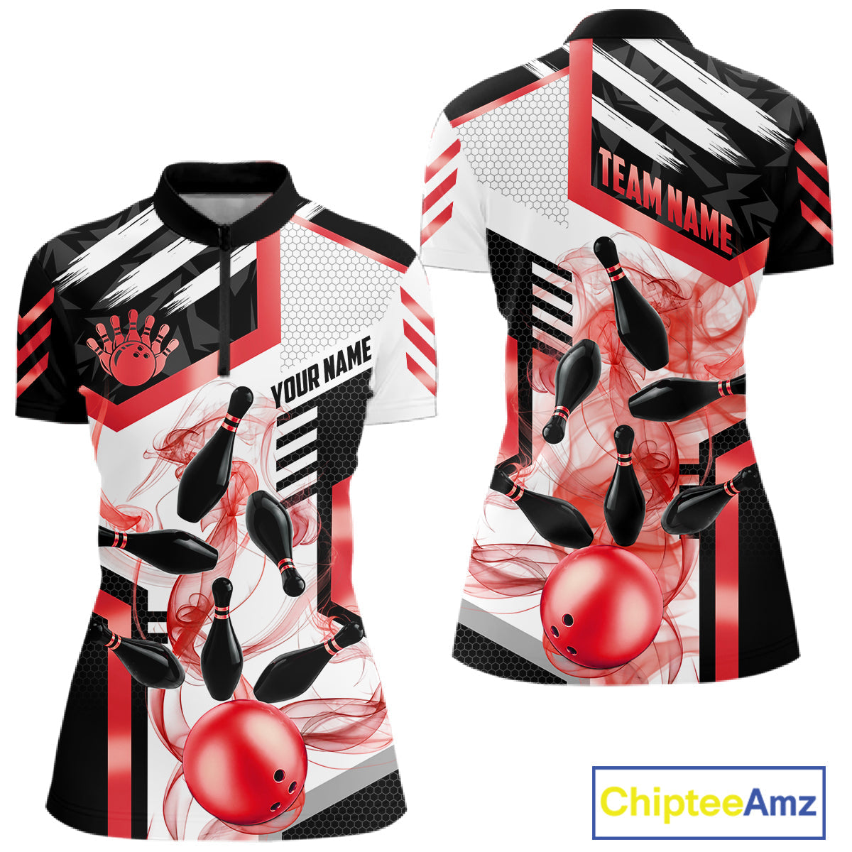 Custom Smoke Bowling Pins Polo & Quarter Zip Shirt, Bowling League Team Jersey