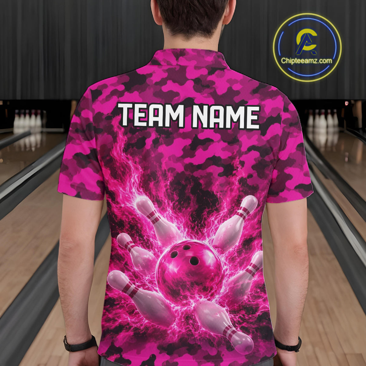 Custom Pink Camo Lightning Flame Bowling Jersey, Bowling Team Shirts Polo & 1/4 Zip