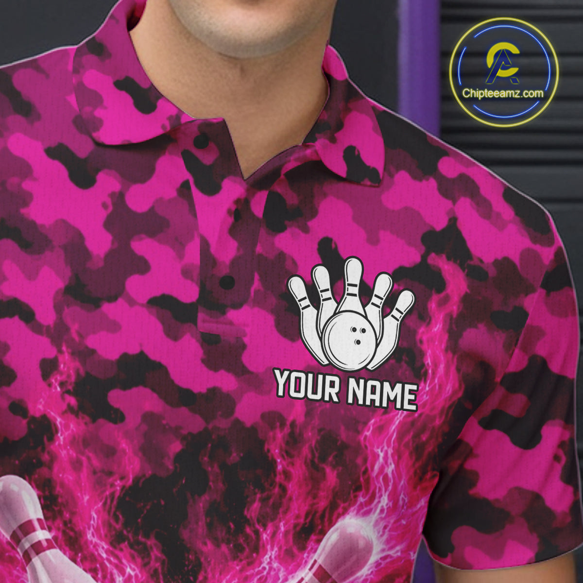 Custom Pink Camo Lightning Flame Bowling Jersey, Bowling Team Shirts Polo & 1/4 Zip