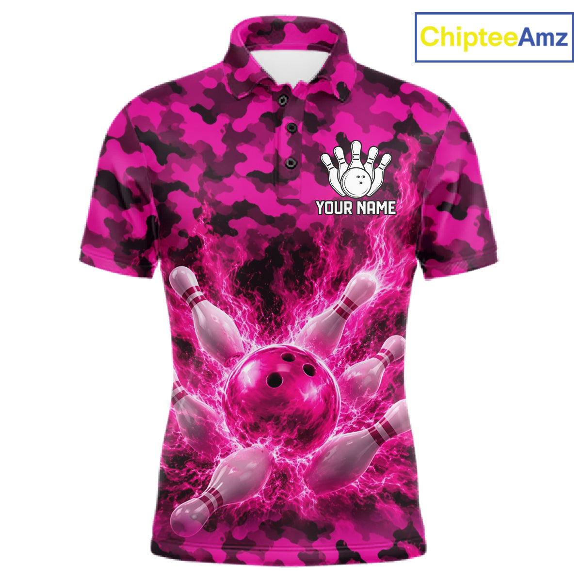 Custom Pink Camo Lightning Flame Bowling Jersey, Bowling Team Shirts Polo & 1/4 Zip