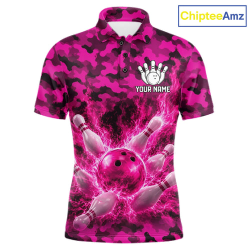 Custom Pink Camo Lightning Flame Bowling Jersey, Bowling Team Shirts Polo & 1/4 Zip