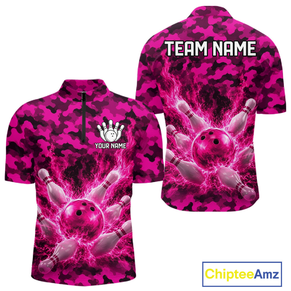 Custom Pink Camo Lightning Flame Bowling Jersey, Bowling Team Shirts Polo & 1/4 Zip