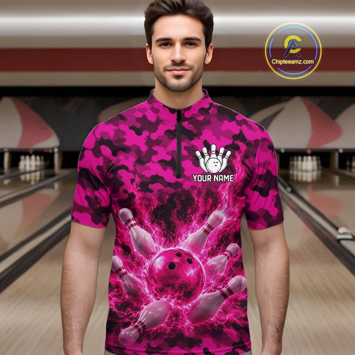 Custom Pink Camo Lightning Flame Bowling Jersey, Bowling Team Shirts Polo & 1/4 Zip