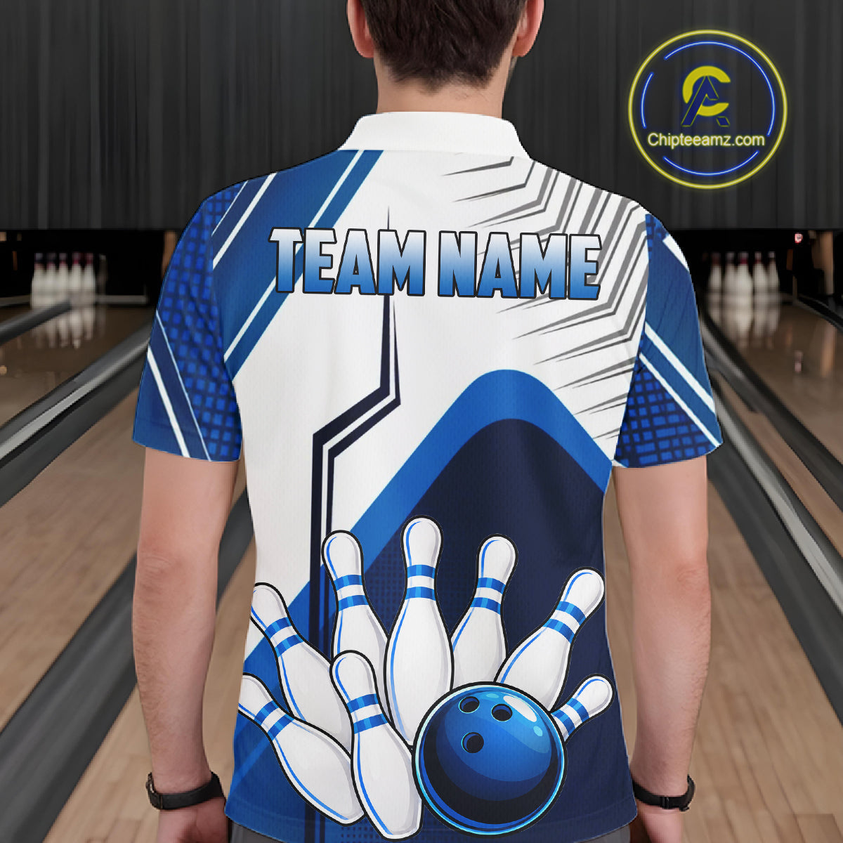 Custom White And Blue Bowling Ball Polo & Quarter Zip, Bowling Team Shirts, Bowling Jersey