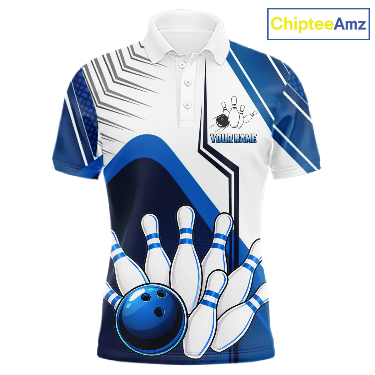 Custom White And Blue Bowling Ball Polo & Quarter Zip, Bowling Team Shirts, Bowling Jersey