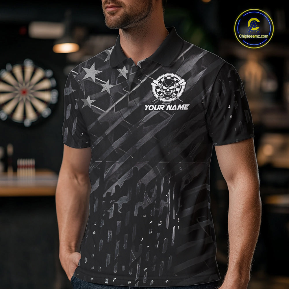 Personalized Black US Flag Skull Darts Shirt Custom Darts League Team Jersey Polo, 1/4 Zip