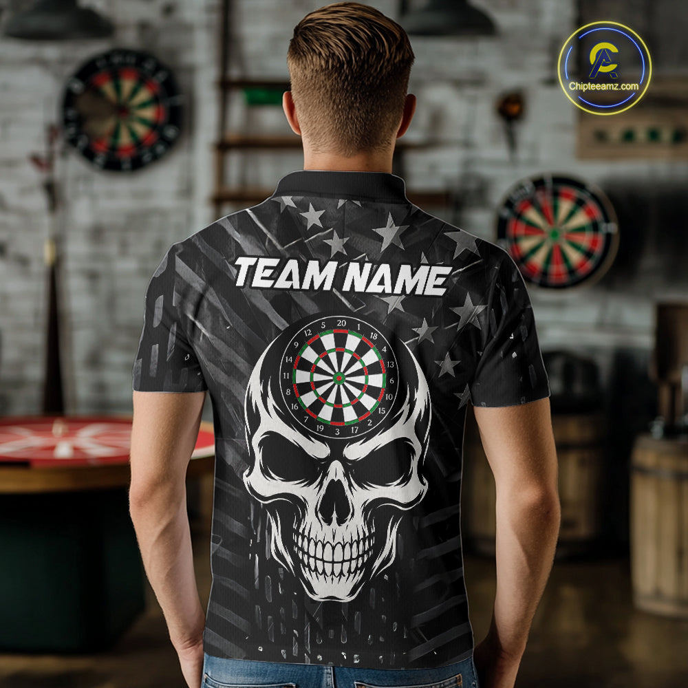 Personalized Black US Flag Skull Darts Shirt Custom Darts League Team Jersey Polo, 1/4 Zip
