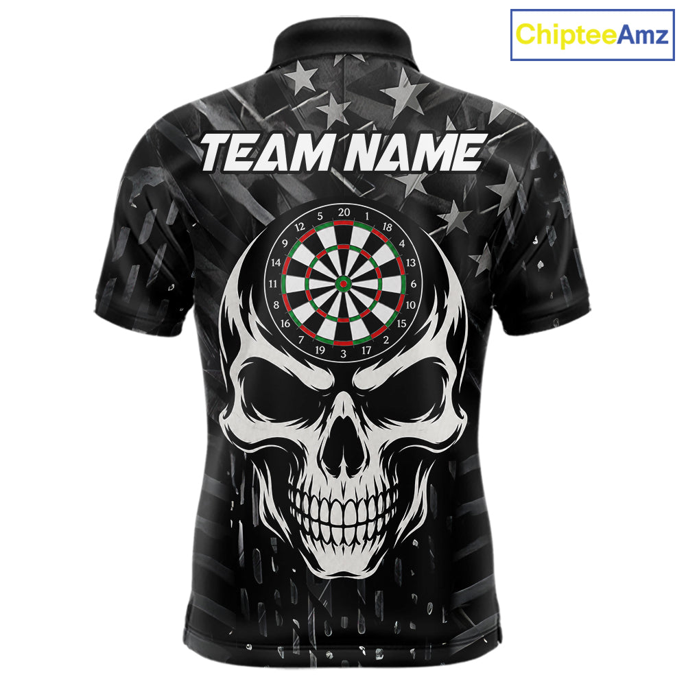 Personalized Black US Flag Skull Darts Shirt Custom Darts League Team Jersey Polo, 1/4 Zip