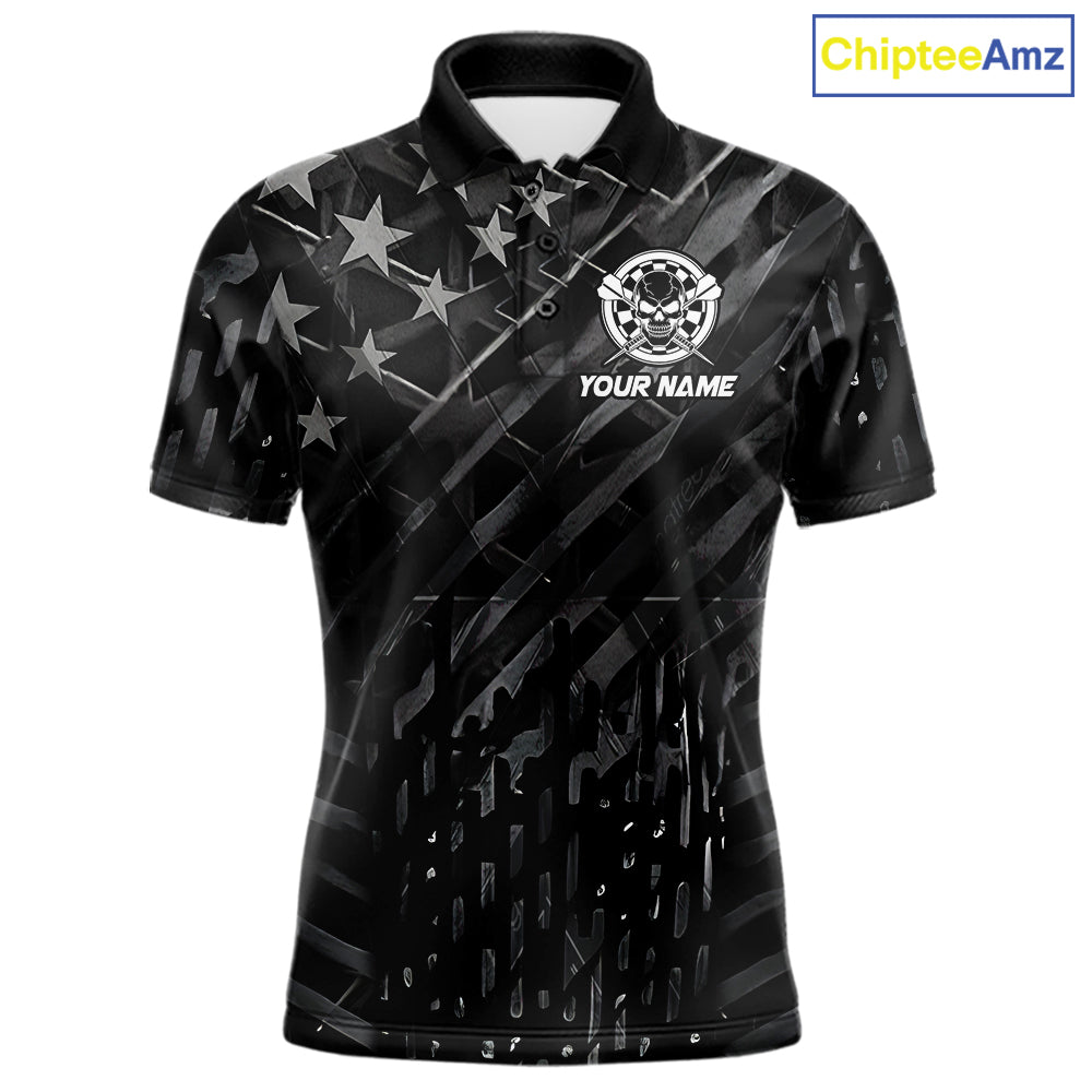 Personalized Black US Flag Skull Darts Shirt Custom Darts League Team Jersey Polo, 1/4 Zip