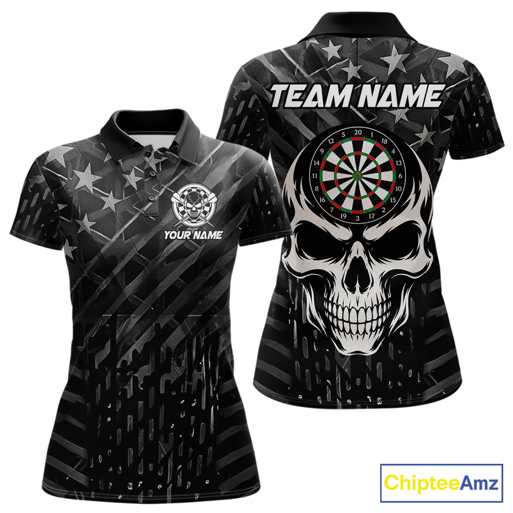 Personalized Black US Flag Skull Darts Shirt Custom Darts League Team Jersey Polo, 1/4 Zip